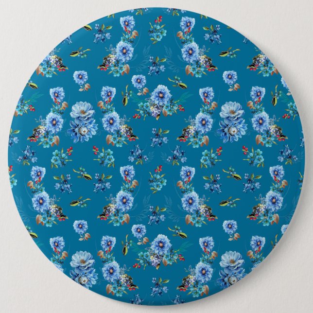 Blaue Aquarellmais-Blume mit Muster Button (Vorderseite)