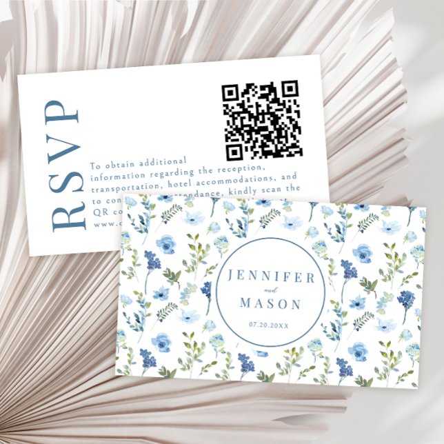 Blaue Aquarellmauer Hochzeit RSVP QR-Codelkarten Begleitkarte (Von Creator hochgeladen)