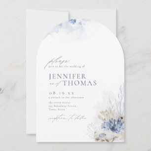 Blaue Aquarellmauer & Muscheln Hochzeit am Strand Einladung