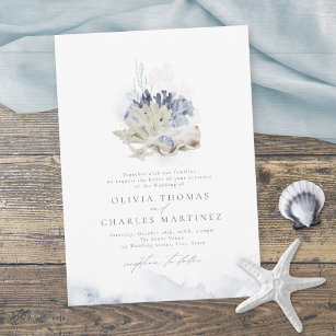 Blaue Aquarellmauer & Muscheln Hochzeit am Strand Einladung