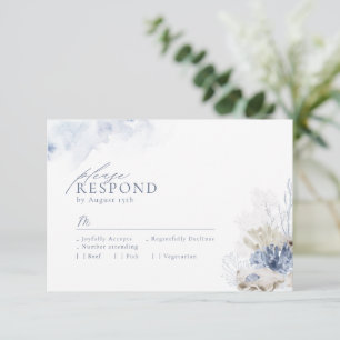 Blaue Aquarellmauer & Muscheln Hochzeit am Strand RSVP Karte