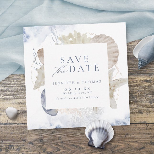 Blaue Aquarellmauer & Muscheln Hochzeit am Strand Save The Date (Blue watercolor coral & seashells beach wedding save the date)