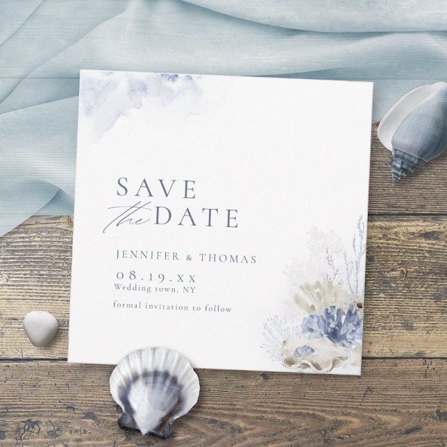 Blaue Aquarellmauer & Muscheln Hochzeit am Strand Save The Date (Von Creator hochgeladen)