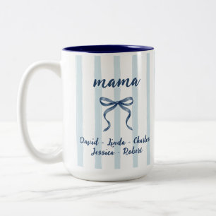 Blaue Aquarellstreifen Mama & Kinder Namen individ Zweifarbige Tasse