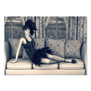Blaue Art Deco Flapper-Frau Vintage-Kunst Fotodruck
