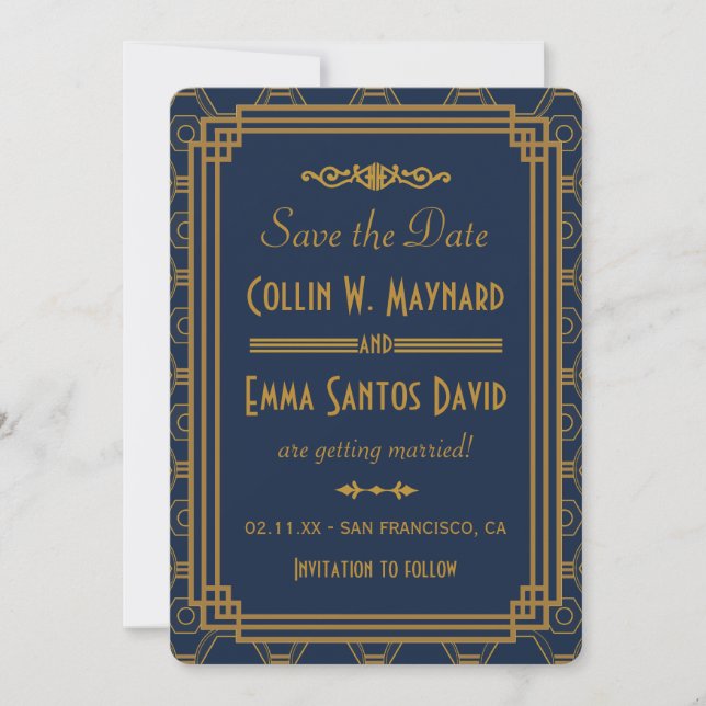 Blaue Art Deco Hochzeit Save The Date (Vorderseite)