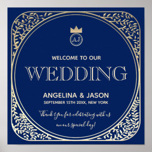 Blaue Art Deco Hochzeit Willkommen Poster