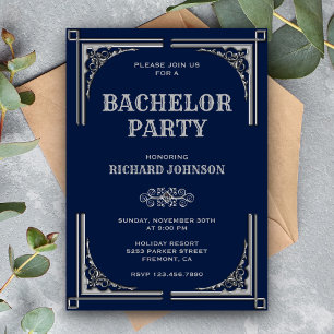 Blaue Art Deco Junggesellenparty im Stil von Silbe Einladung