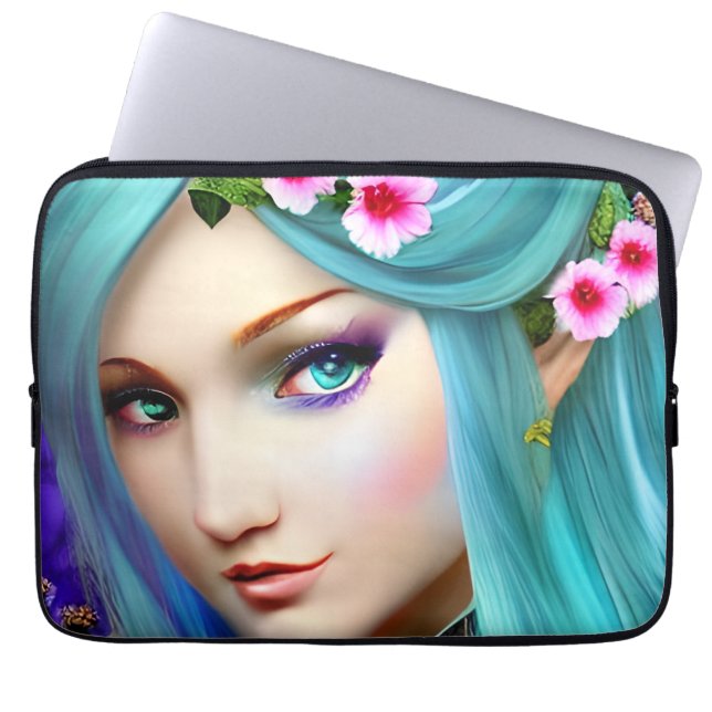 Blaue ätherische Frau mit Blume Laptopschutzhülle (Vorderseite)