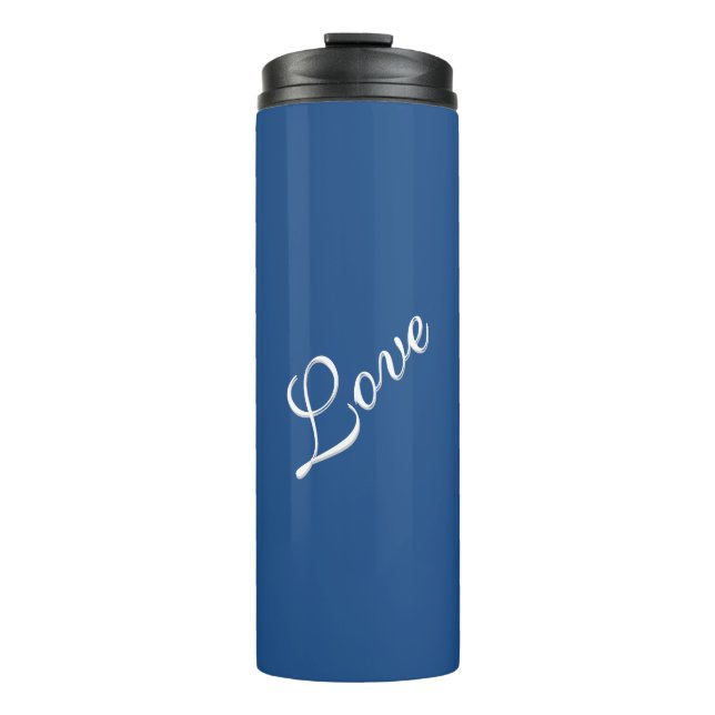 Blaue attraktive kalligraphische Liebe Hochzeit Thermosbecher (Vorderseite)
