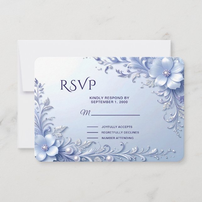 Blaue aufwendige Blumen mit Perlen RSVP Karte (Vorderseite)
