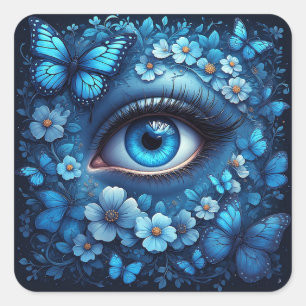 Blaue Augen-Blumen-Schmetterling-Schutzsymbol Quadratischer Aufkleber