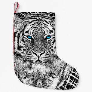 Blaue Augen-Tiger-Schwarzweiss-Grafik Kleiner Weihnachtsstrumpf