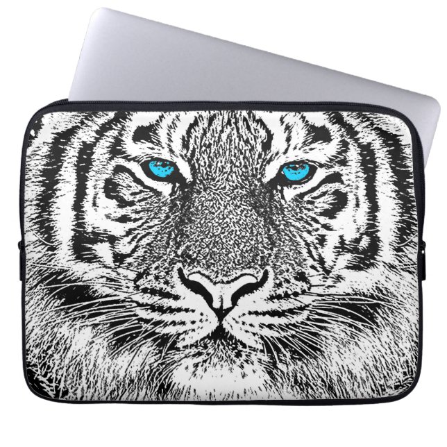 Blaue Augen-Tiger-Schwarzweiss-Grafik Laptopschutzhülle (Vorderseite)
