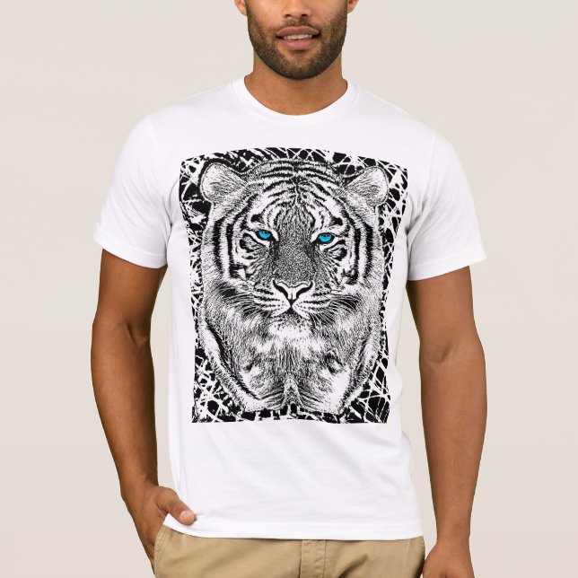 Blaue Augen-Tiger-Schwarzweiss-Grafik T-Shirt (Vorderseite)