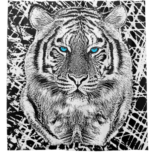 Blaue Augen-Tiger-Schwarzweiss-Kopf Duschvorhang (Vorderseite)