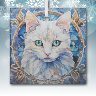 Blaue Augen Weiße Katze Glasmalerei Ornament Aus Glas