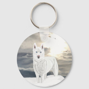 Blaue Augen, weißer Husky, im Schnee Schlüsselanhänger