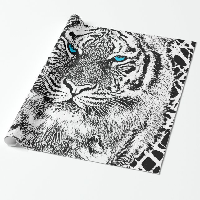 Blaue Augen-wildes Tigerschwarzweiss-gesicht Geschenkpapier (Ungerollt)