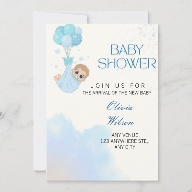 Blaue Baby Boy Ballon Babyparty-Einladung Einladung (Vorderseite)