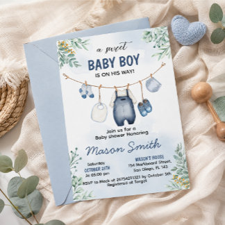 Blaue Baby-Jungen-Kleiderleine Baby-Party Einladung