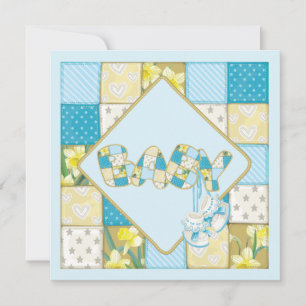 Blaue Baby-Schühchen und Patchwork-Quilt-Baby-Part Einladung