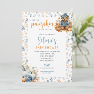 Blaue Baby-Shower-Einladung Kleiner Kürbis, Herbst Einladung