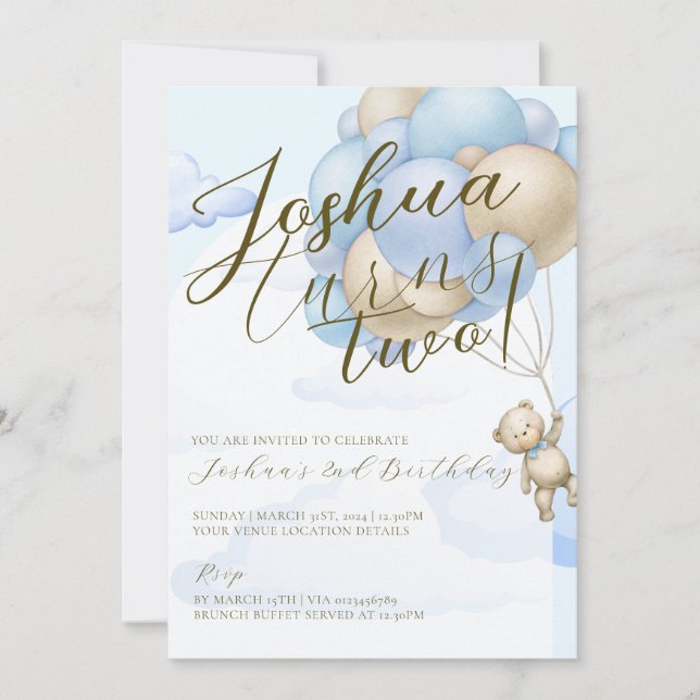 Blaue Babyballons Teddybär Kindergeburtstag Party Einladung (Vorderseite)