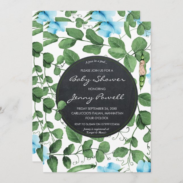 Blaue Babydusche Einladung Jungenerbse in einer Ka (Vorne/Hinten)