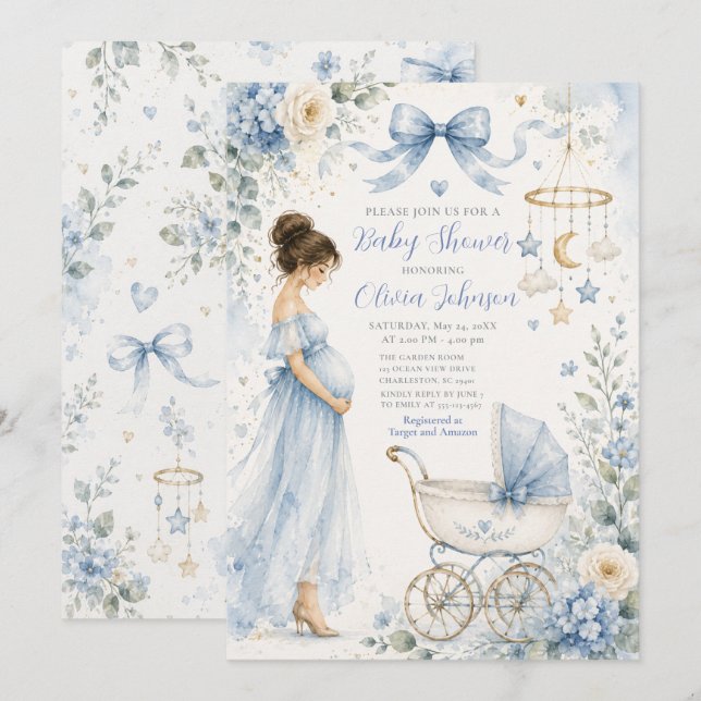 Blaue Babyparty-Feier Einladung (Vorne/Hinten)