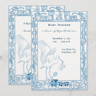 Blaue Babyparty für Jungen Storch, Eule Choo Choo Einladung