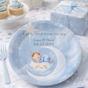 Blaue Babyparty Mond Stern Süße schlafende Baby Pappteller
