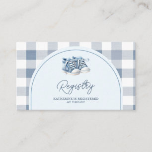 Blaue Babyschuhe Gingham-Junge Baby Shower Geschen Begleitkarte
