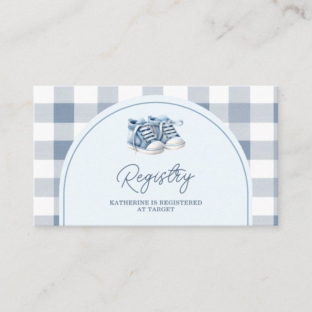Blaue Babyschuhe Gingham-Junge Baby Shower Geschen Begleitkarte (Vorderseite)