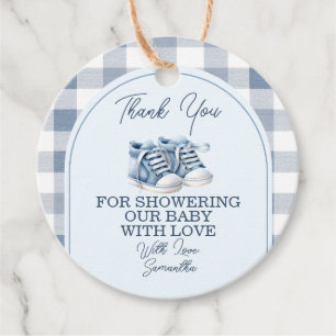 Blaue Babyschuhe Gingham-Jungenstiefelchen Baby Sh Geschenkanhänger