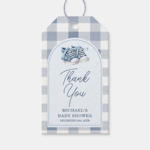 Blaue Babyschuhe Gingham-Jungenstiefelchen Baby Sh Geschenkanhänger