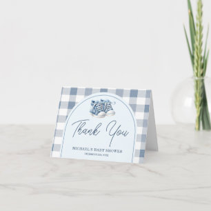 Blaue Babyschuhe Gingham-Stiefelchen Baby Shower g Dankeskarte