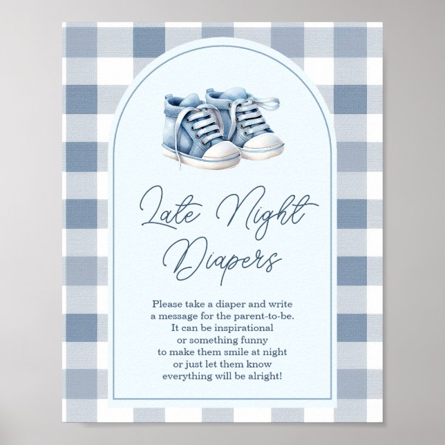 Blaue Babyschuhe Gingham-Stiefelchen Späte Nacht W Poster (Vorne)