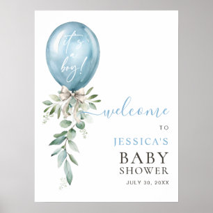 Blaue Ballon Grünzeug Schleife Baby Shower Willkom Poster