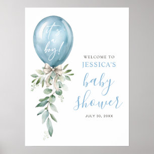 Blaue Ballonbegrüßung zur Babyparty mit Grünzeug Poster