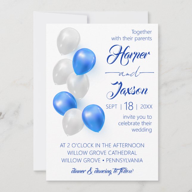 Blaue Balloons. Elegante Hochzeitseinladung. Einladung (Vorderseite)