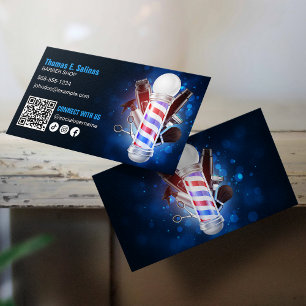 Blaue Barbier Shop Pole Verbinde dich mit uns QR-C Visitenkarte