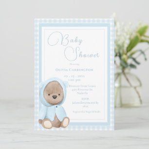 Blaue Bären-Gingham Vintage-Baby-Party Einladung