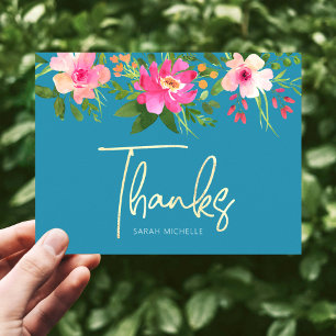 Blaue Bat Mitzvah Chic Floral Gold Schriftart Dank Postkarte