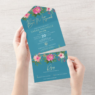 Blaue Bat Mitzvah Gold Schrift Floral Wasserfarben All In One Einladung
