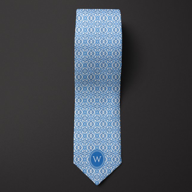 Blaue Batik Botanische Floral Monogramm Krawatte (Von Creator hochgeladen)