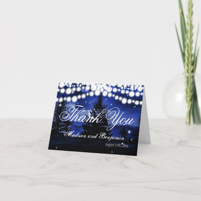Blaue Baum-Twinkle-Lichter Hochzeit Danke-Karten Dankeskarte (Vorderseite)