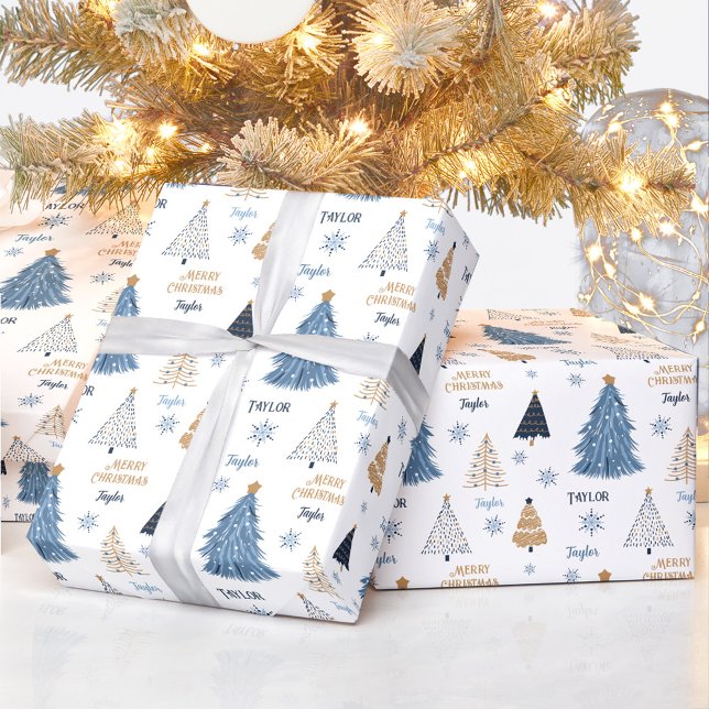 Blaue Bäume Moderner Weihnachtsnachtsname Text Geschenkpapier (Blue Trees Modern Christmas Blue Name Text Wrapping Paper)