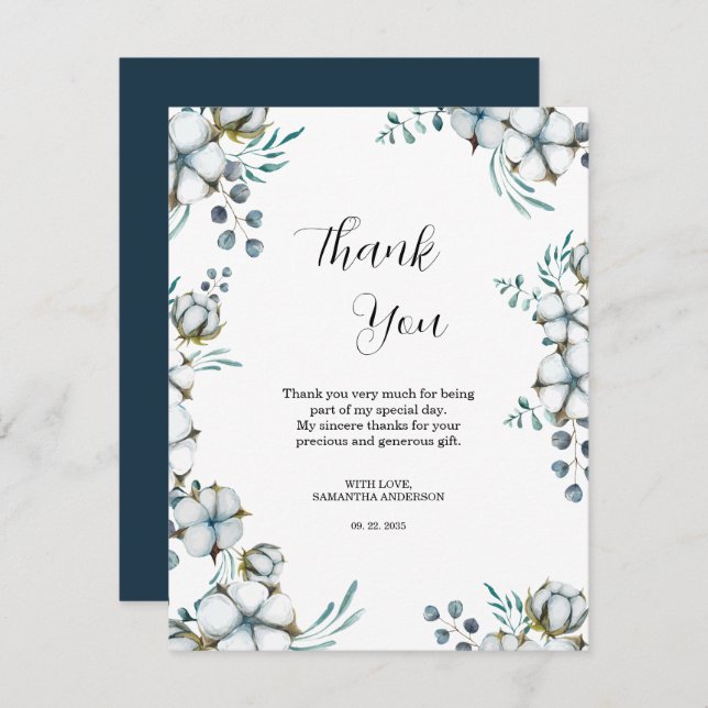 Blaue Baumwollsorten-Blume-Eukalyptus-Brautparty Dankeskarte (Vorne/Hinten)