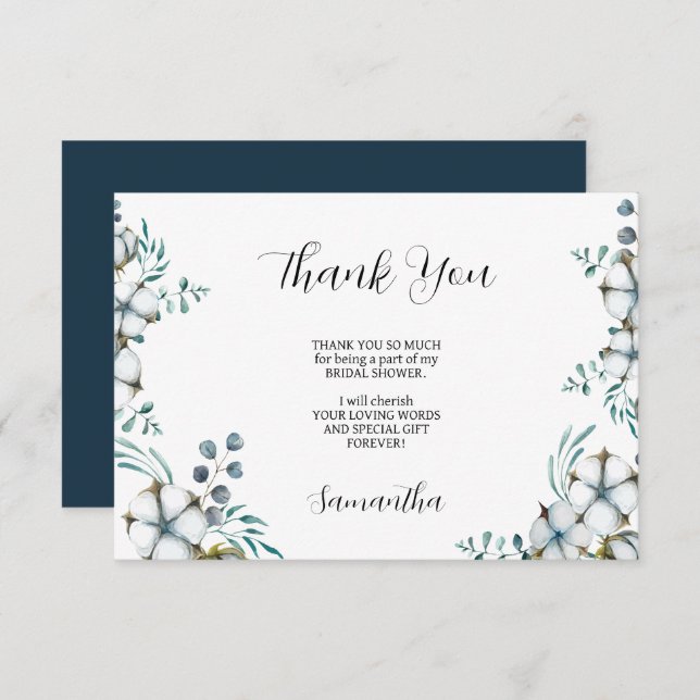 Blaue Baumwollsorten-Blume-Eukalyptus-Brautparty Dankeskarte (Vorne/Hinten)